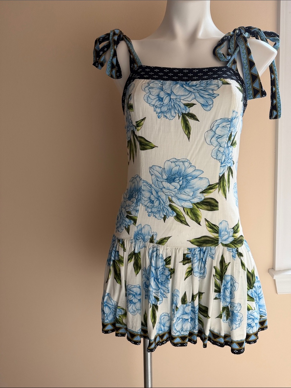 Agua Bendita White Mini Dress with Blue Floral and Navy Trim